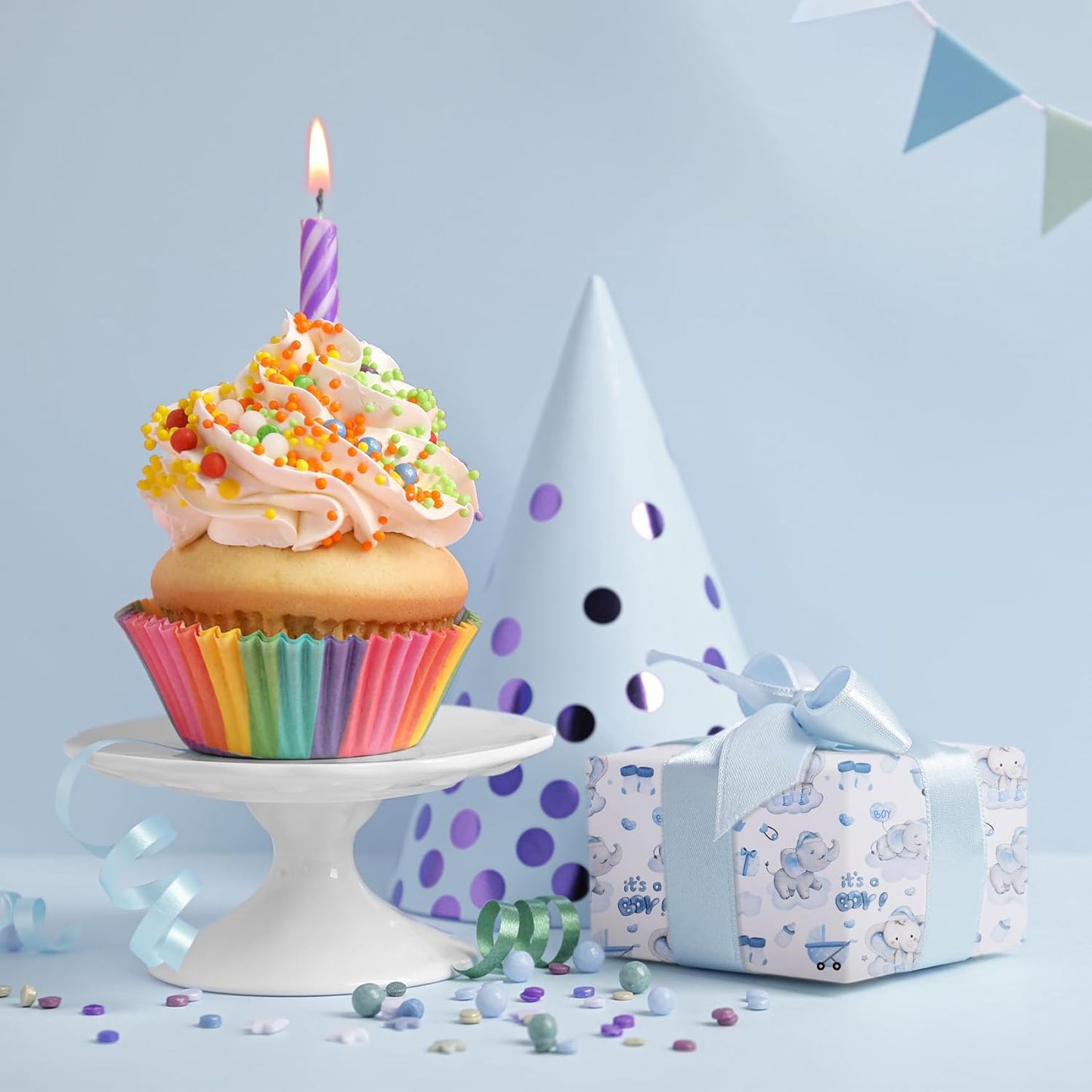 Aimyoo Blue Baby Shower Wrapping Paper Roll - 17 Inch X 16.4 Feet - Cute Elephant with It‘s A Boy Letter Design Perfect for Boys, Birthday, Party