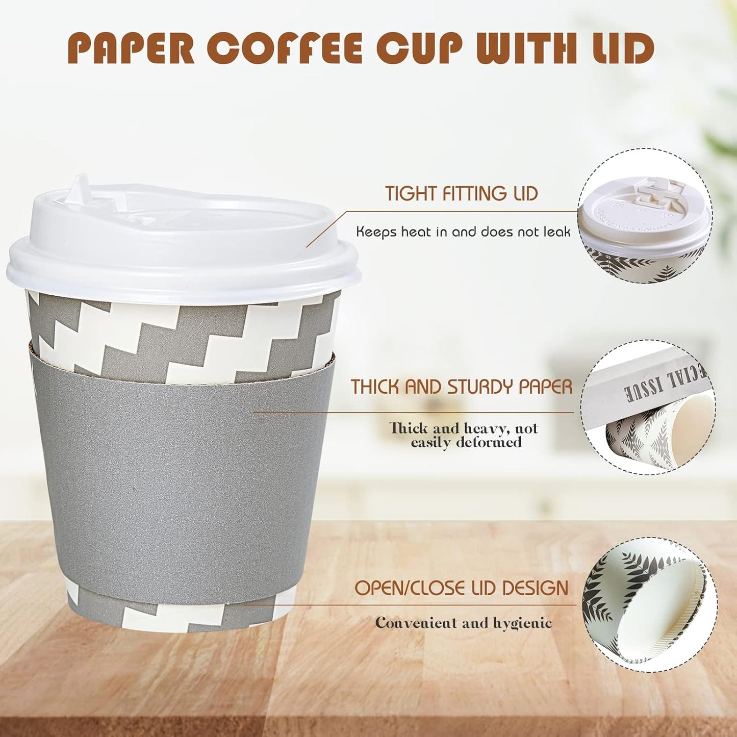 LITOPAK 100 Pack 10 oz Paper Coffee Cups with Lid, Sleeve, and Straws, Four Designs of Disposable Hot Coffee Cups for Home, Stores, and Cafes