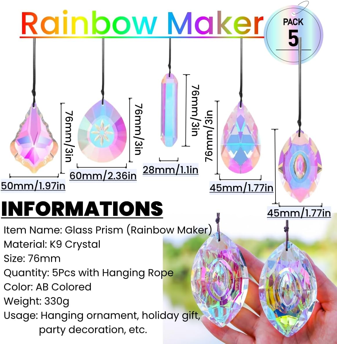 5Pcs 3-inch Crystal Sun Catcher Prisms for Windows Garden Patio,AB Colored Hanging Suncatchers with Glass Prism Rainbow Maker Ideal