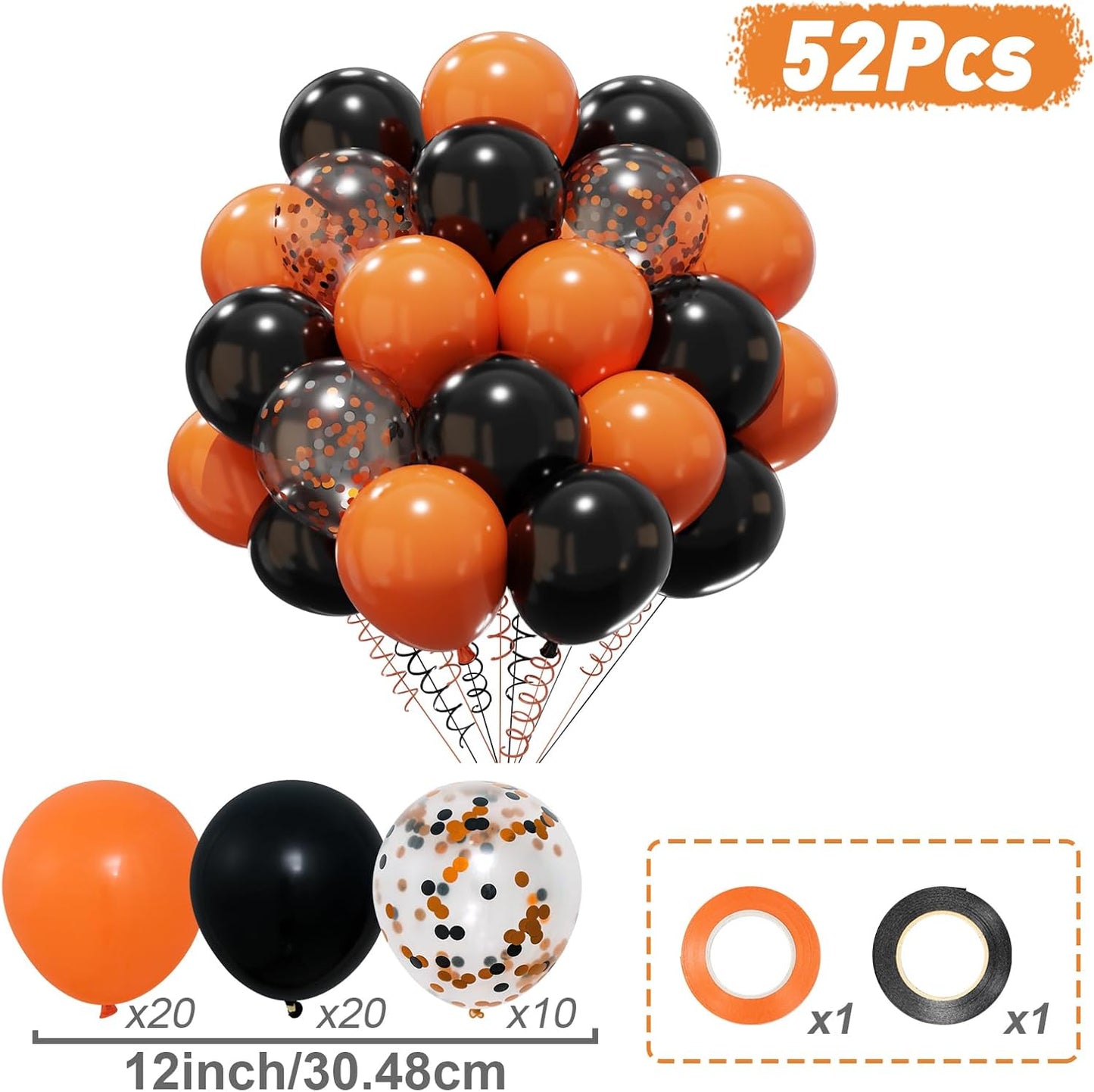 Patimate Black Orange Halloween Balloons Set, 50 pcs 12 inch Orange Black Confetti Latex Balloons Kit for Halloween Baby Shower Spooky Birthday Graduation Motorcycle Party Decorations