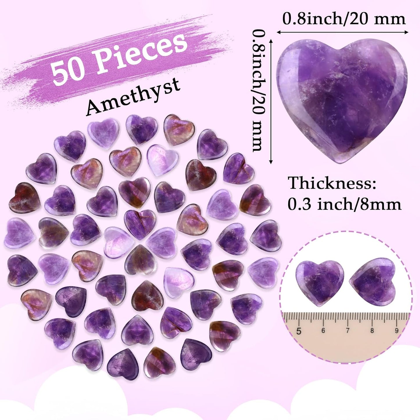 Gerrii 50 Pcs Heart Healing Stone Bulk Quartz Heart Inspirational Stones Gift for Women Love Pocket Polished Natural Energy Balancing Meditation 0.8 Inch(Purple)