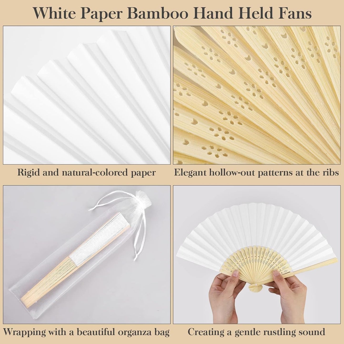 MCEAST 120 Pieces Wedding Handheld Paper Fans White Bamboo Folding Paper Fan with 120 Organza Bags Foldable Cool Wedding Favors Wedding Fans for Guests Party Favors DIY Decoration