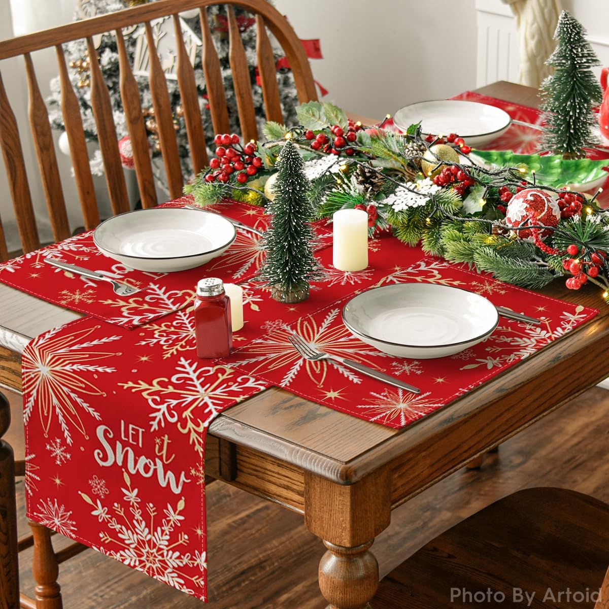 Artoid Mode Red Snowflake Let It Snow Winter Placemats for Dining Table, 12 x 18 Inch Seasonal Christmas Washable Table Mats Set of 4