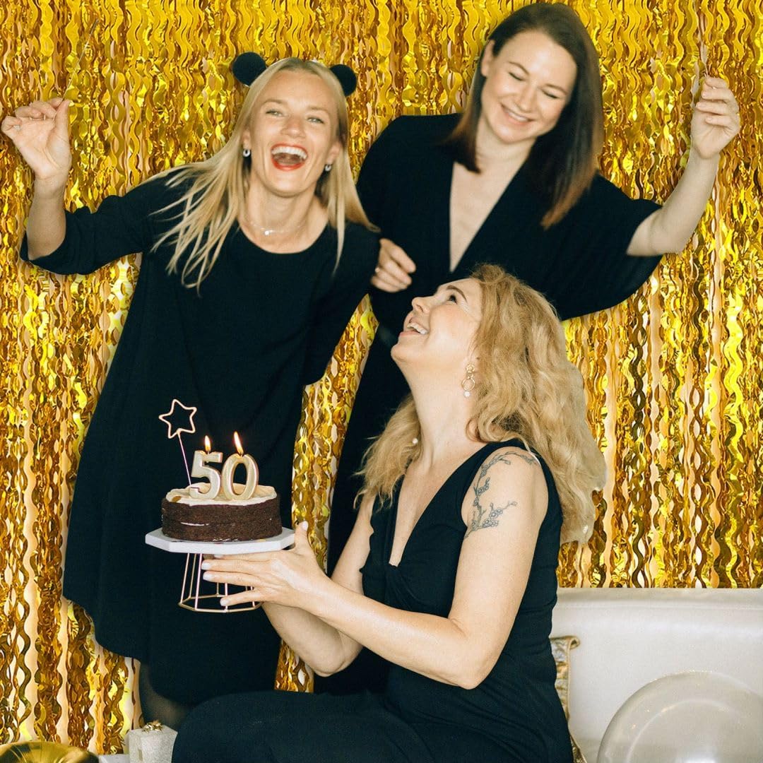 Gold Backdrop Birthday Decorations Foil Curtain Backdrop Gold Streamers Dance Party Decorations Photo Booth Props for Bachelorette Decorations Christmas Halloween New Years Eve Party Supplies