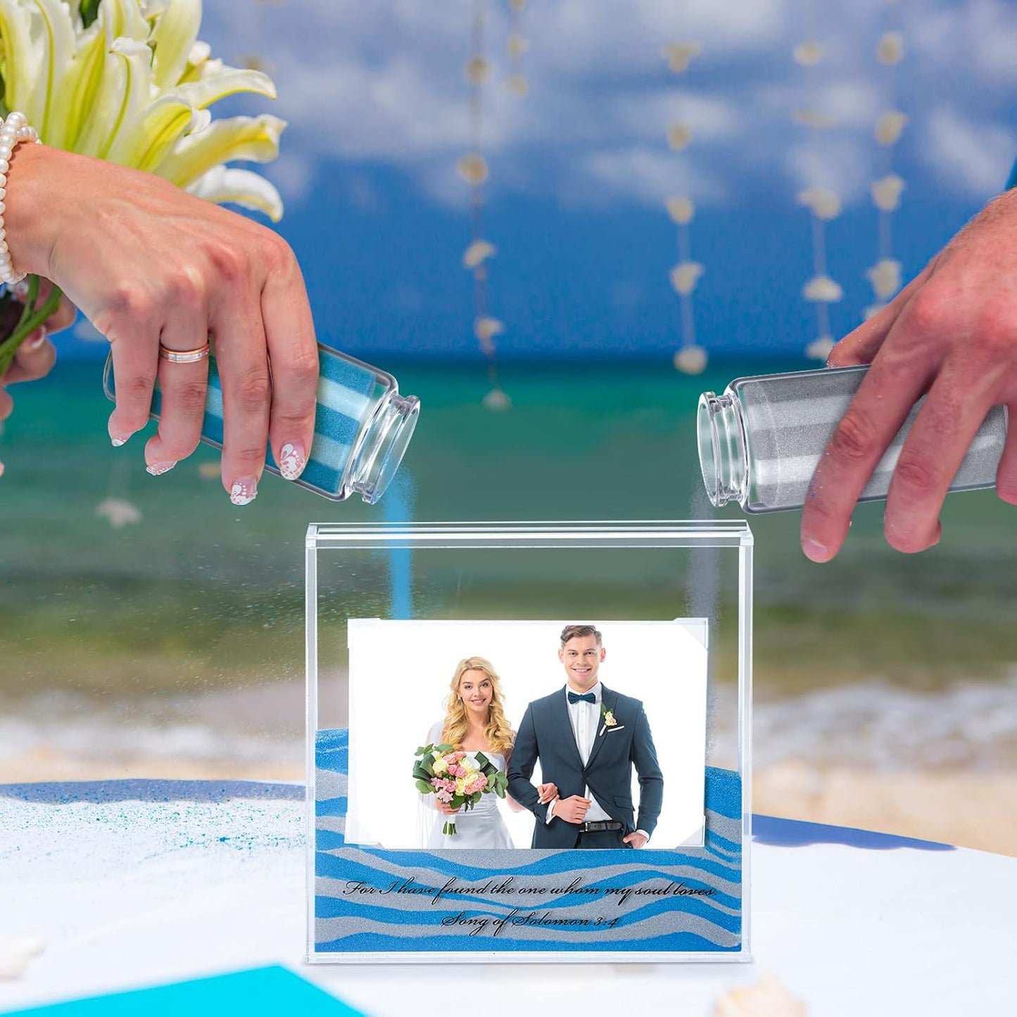 Sand Ceremony Kit for Wedding Includes Clear Acrylic Unity Sand Ceremony Photo Frame 2 Pack Photo Fixing Corner Stickers and 2 Glass Unity Holder for Wedding Home Decor(Blue, Gray)