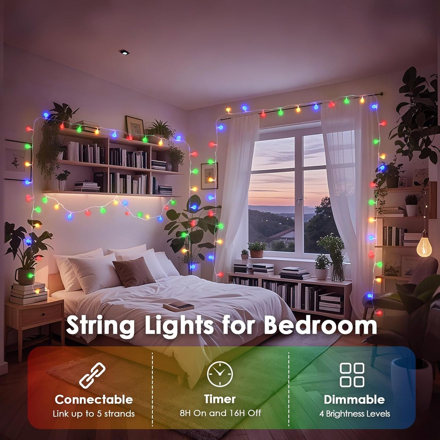 100LED Connectable String Lights Indoor Outdoor for Bedroom, 43ft Multicolor Fairy Lights with Remote & Timer, Plug in 8 Modes Waterproof Globe Hanging Twinkle Light for Room Classroom Wedding Decor