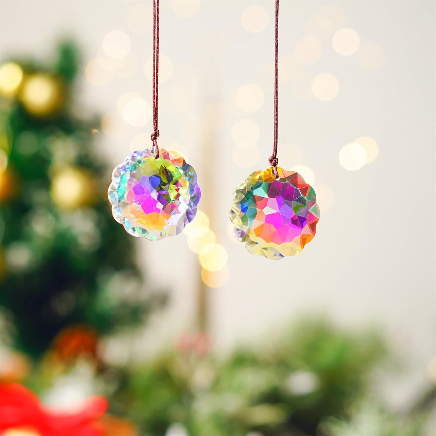 HDCRYSTALGIFTS Set 2 AB Color Crystal Suncatcher Datura Shaped Pendant Rainbow Feng Shui Hanging Prism (45mm)