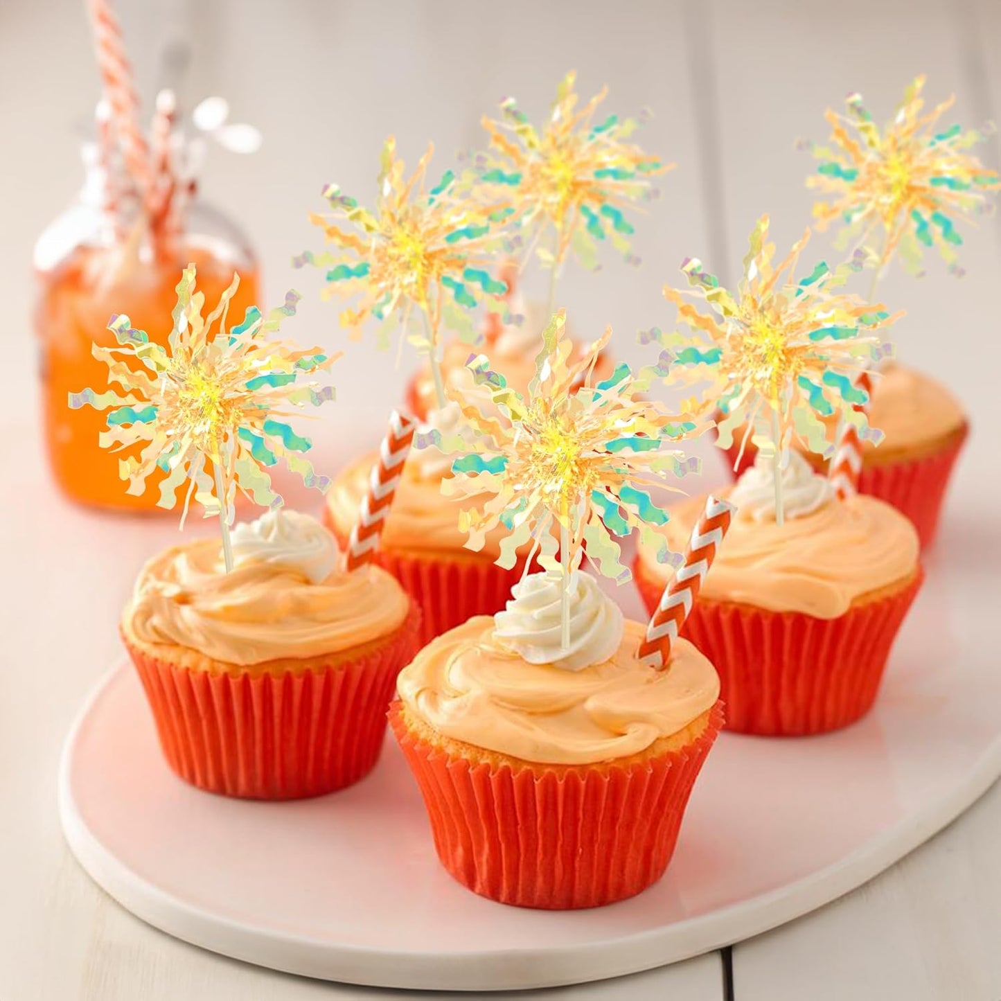Gyufise 20Pcs Foil Firework Cupcake Toppers Happy Birthday Cake Toppers Tinsel Flower Drink Stirrers Cocktail Food Fruit Toothpicks for Valentine's Day Party Birthday Wedding Supplies Yellow