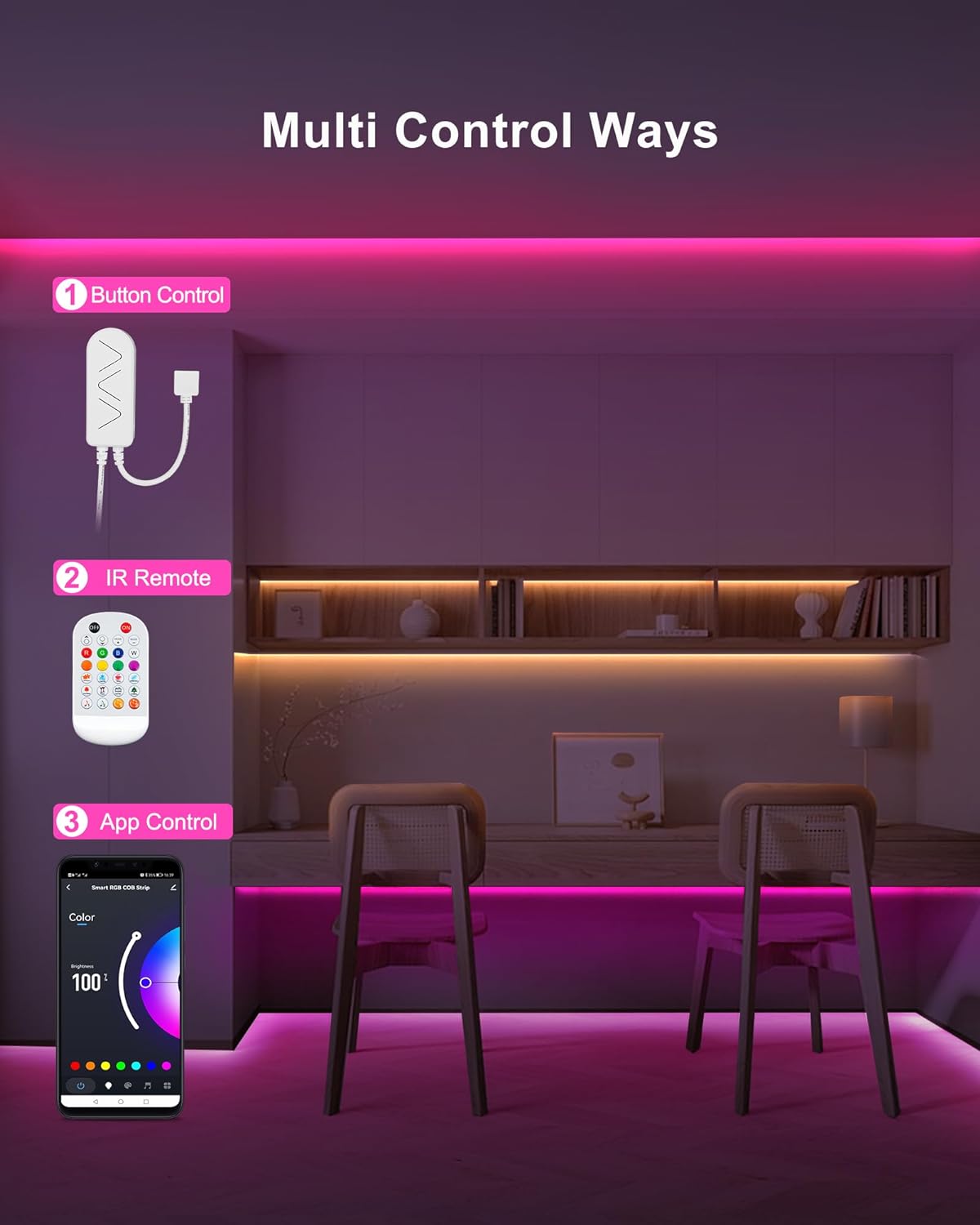 32.8ft Bluetooth RGB COB Led Strip Lights with Remote, Dimmable Smart App Led COB Light Strip, Color Changing Music Sync, Indoor RGB Led Lights for Bedroom, Home Decor, Party