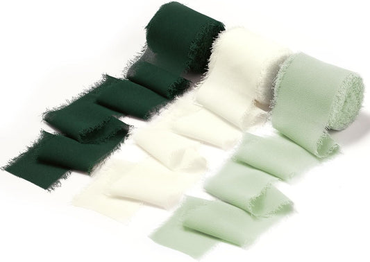 DORIS HOME 2" x21Yd Chiffon Ribbon for Flower Bouquet, Green & Cream Fabric Ribbon for Gift Wrapping, Handmade Frayed Ribbon for Wedding/Christmas Decorations