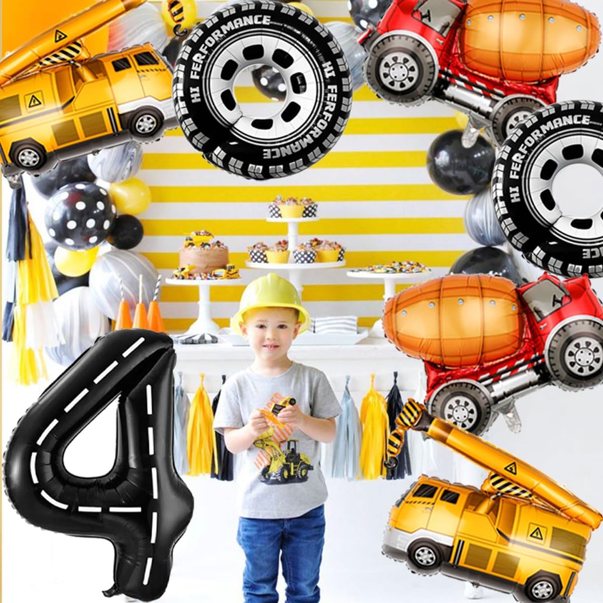 Construction Balloons 4rd Birthday Decorations for Boys 40inch Number 4 Balloons Truck Foil Balloon for Construction Birthday Party Decorations Supplies