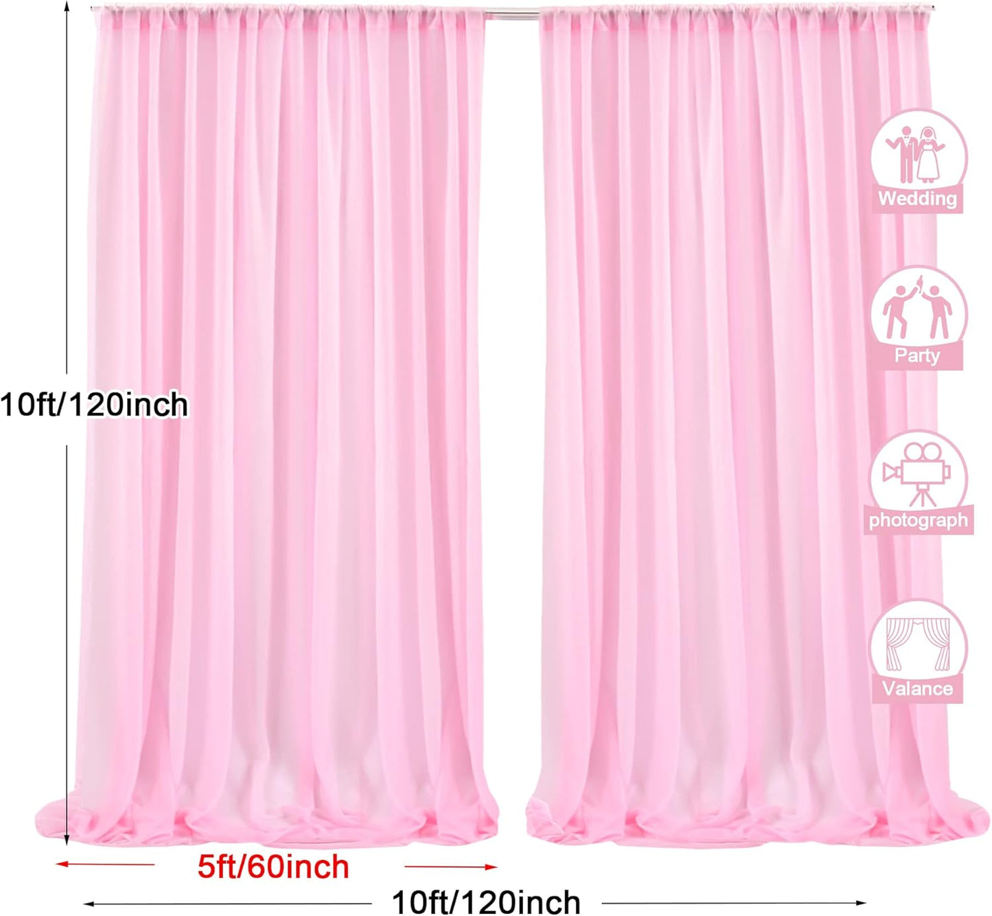 PARTISKY 10x10ft Pink Chiffon Sheer Backdrop Curtains, Wrinkle-Free Wedding Backdrop Drapes for Birthday Party Ceremony Arch Stage Decor Background for Photography 5x10ft,2 Panels