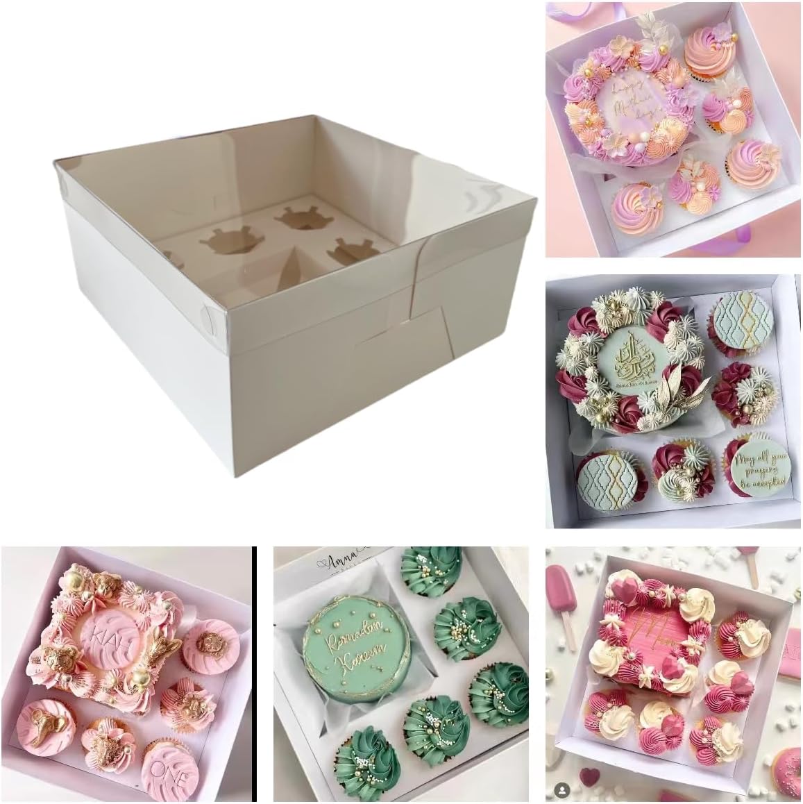 Bento Cake Box - Easy to Assemble White 4-inch Cake and 5 Cupcakes Box With Insert - 5 Sets Base for Family Birthday Party Mother's Day