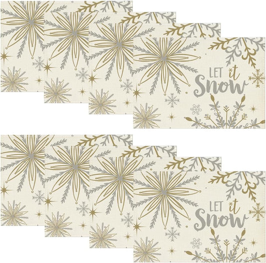 Artoid Mode Beige Snowflake Let It Snow Winter Placemats Set of 8, 12x18 Inch Seasonal Christmas Table Mats for Party Kitchen Dining Decoration