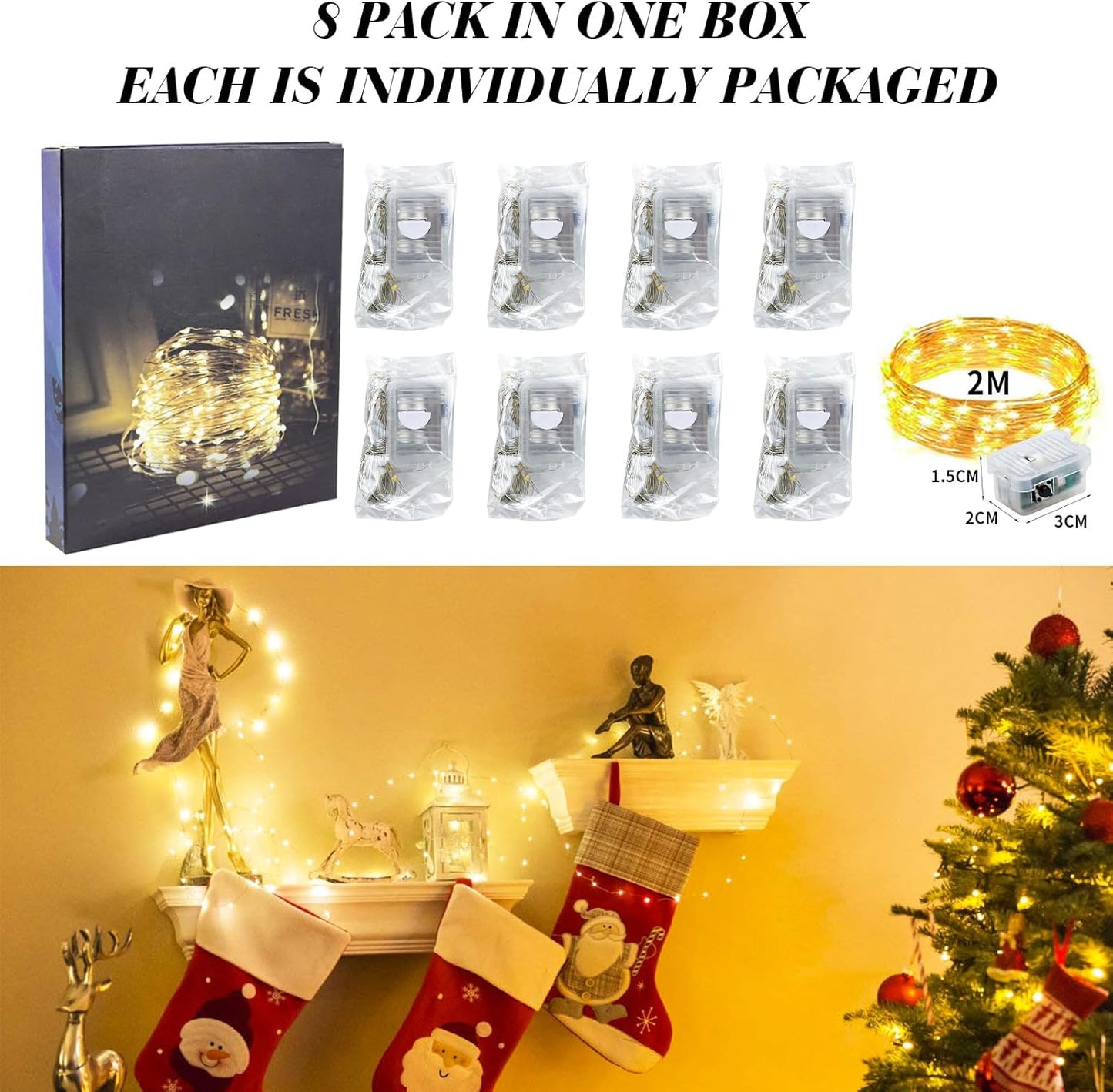 ZGWJ 8 Pack Fairy Lights Battery Operated, 7ft 20 Mini LED Fairy String Lights Silver Wire 3 Modes for DIY, Parties, Wedding, Bedroom, Halloween Christmas Decoration Warm White