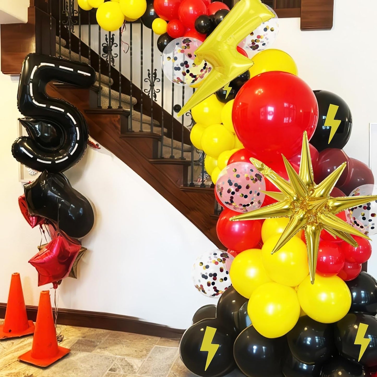 Red Yellow Black Balloons, Cartoon Theme Balloons with 36 Inch Lightning and 22 Inch Star Foil Balloon, Red Black Yellow Confetti Lightning Printed Balloon for Kids Boys Birthday Anime Party Decor