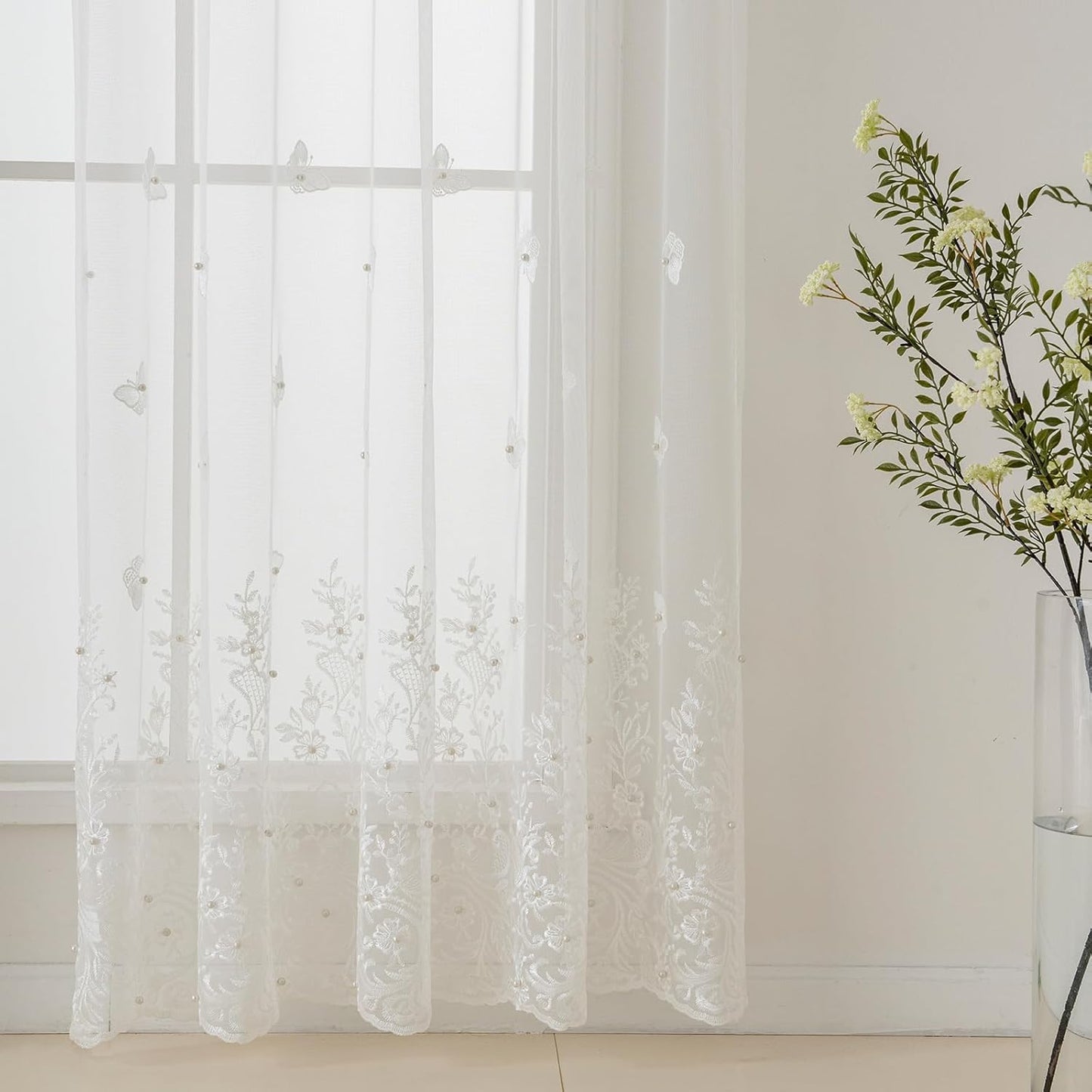 VISIONTEX White Sheer Voile Curtains, Decorative White Embossed Butterflies Rod Pocket Window Drapes for Home Kitchen, Living Room and Bedroom 54 x 63 Inch, Set of 2 Curtain Panels