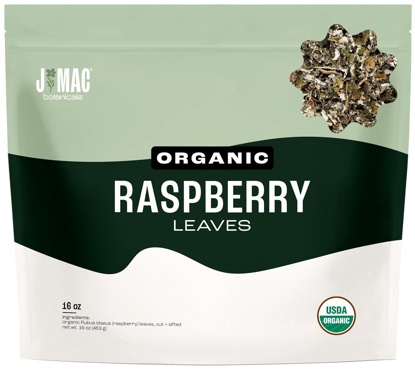 J Mac Botanicals, Organic Red Raspberry Leaf, Herbal tea (16 ounce bag 200+ cups) cut & sifted dried leaf