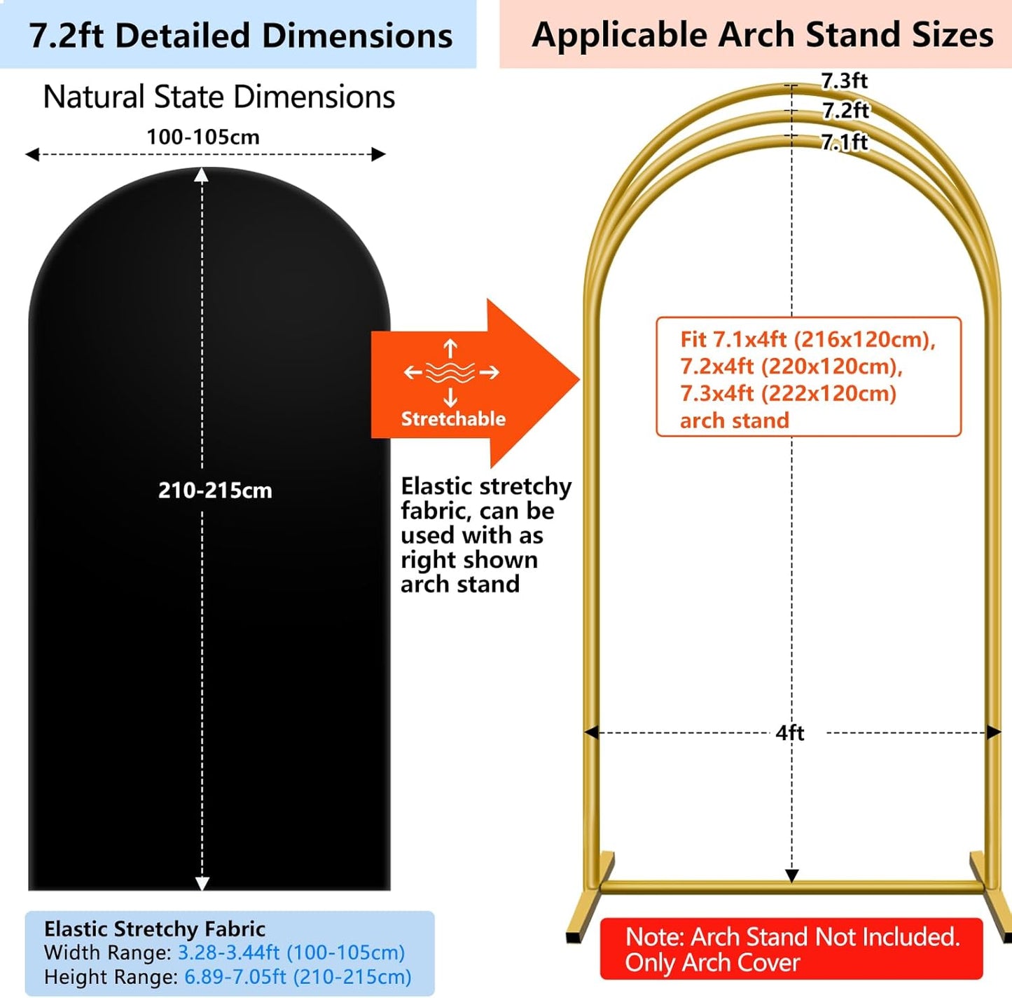 Hemmotop Wedding Arch Backdrop Cover, Set of 2 (7.2ft, 6ft), 2 Sided Stretchy Spandex Fitted Balloon Arch Stand Backdrop for Birthday Party, Baby Shower, Black