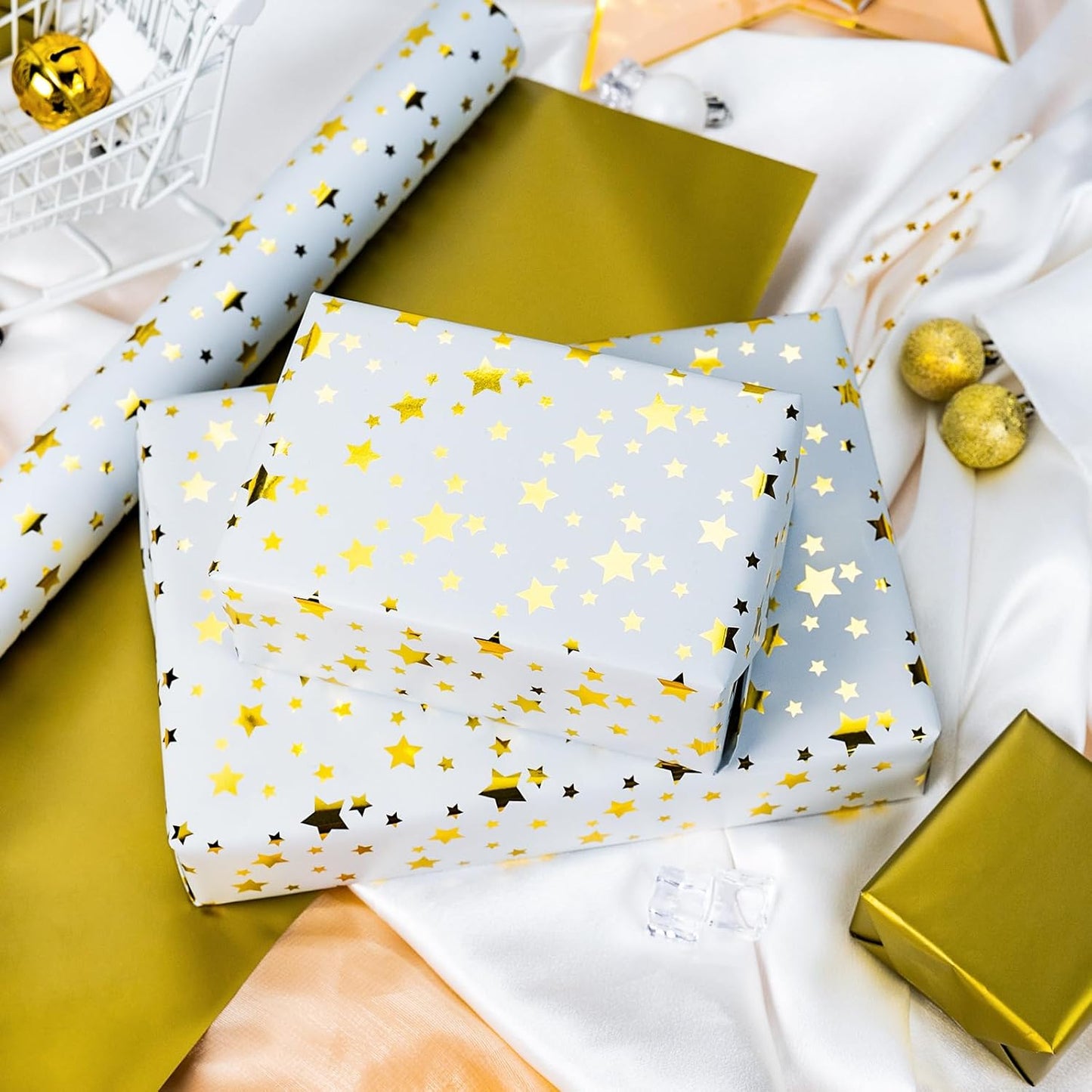 Burymento Gold Foil Five-Pointed Star Wrapping Paper, Reversible Gold Gift Wrap for Birthday, Valentines, Mothers day, Graduation, Wedding, Fathers day, Baby Shower, Christmas (17in x 32.8ft)