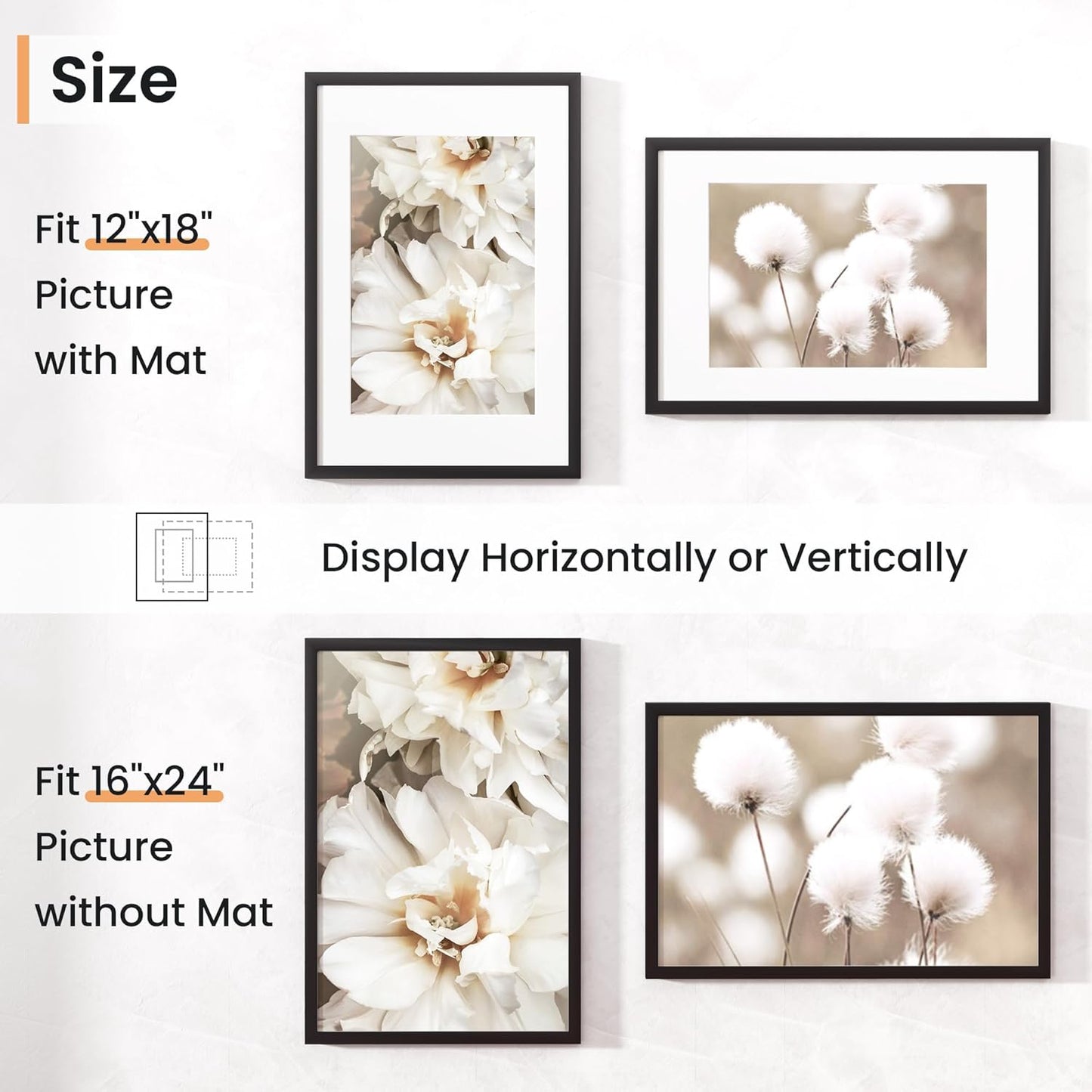 16x24 inch Picture Frame, 16x24 Photo Frames with 12x18 Removable Mat - High Definition Plexiglass - Vertical and Horizontal Display - Wall Hanging Poster Frame - Black, 5 Pack