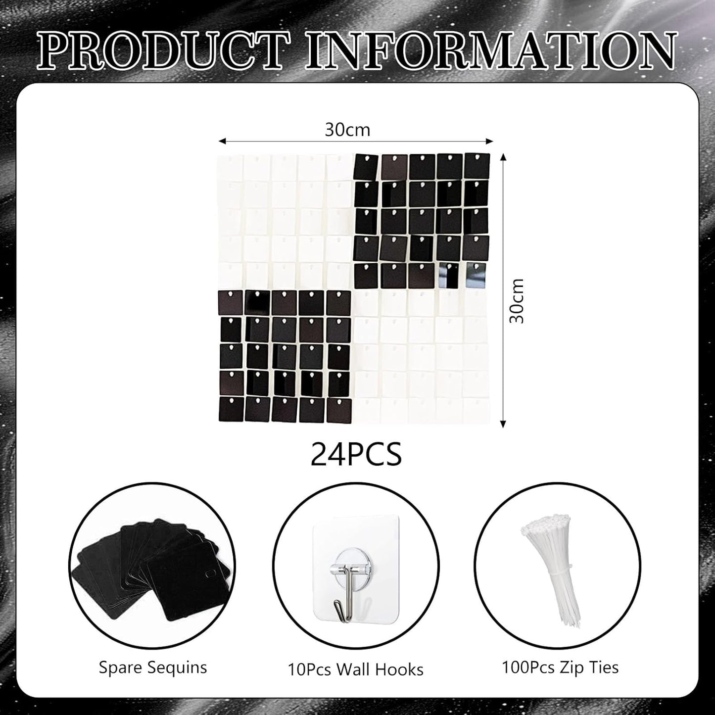 24PCS Black White Shimmer Wall Backdrop, Square Sequin Photo Backdrops Panel, Glitter Wall Background for Birthdays, Weddings, Christmas, Engagements, Baby Bridal Shower Party Decor (4FTx6FT)