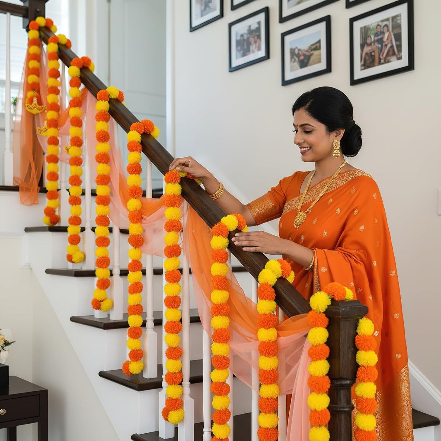 Marigold Garland for Decoration 5 Packs × 5ft Artificial Marigold Garlands Vibrant Orange Yellow Faux Flowers Includes 10 Butterfly Accents for Diwali Pooja Wedding Indian Decor