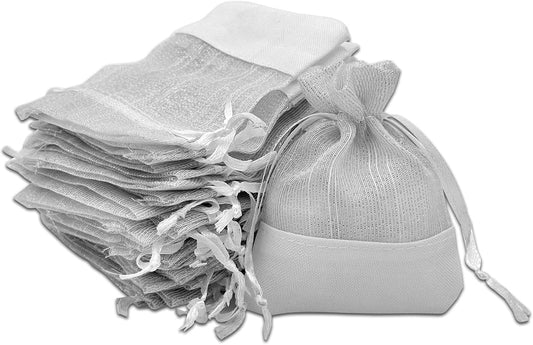 TheDisplayGuys For Your Modern Living 24-Pack Linen & White Organza Gift Bags with Drawstrings (XSmall 3 x 4) - Party Favors, Samples, Treats Mesh Pouches