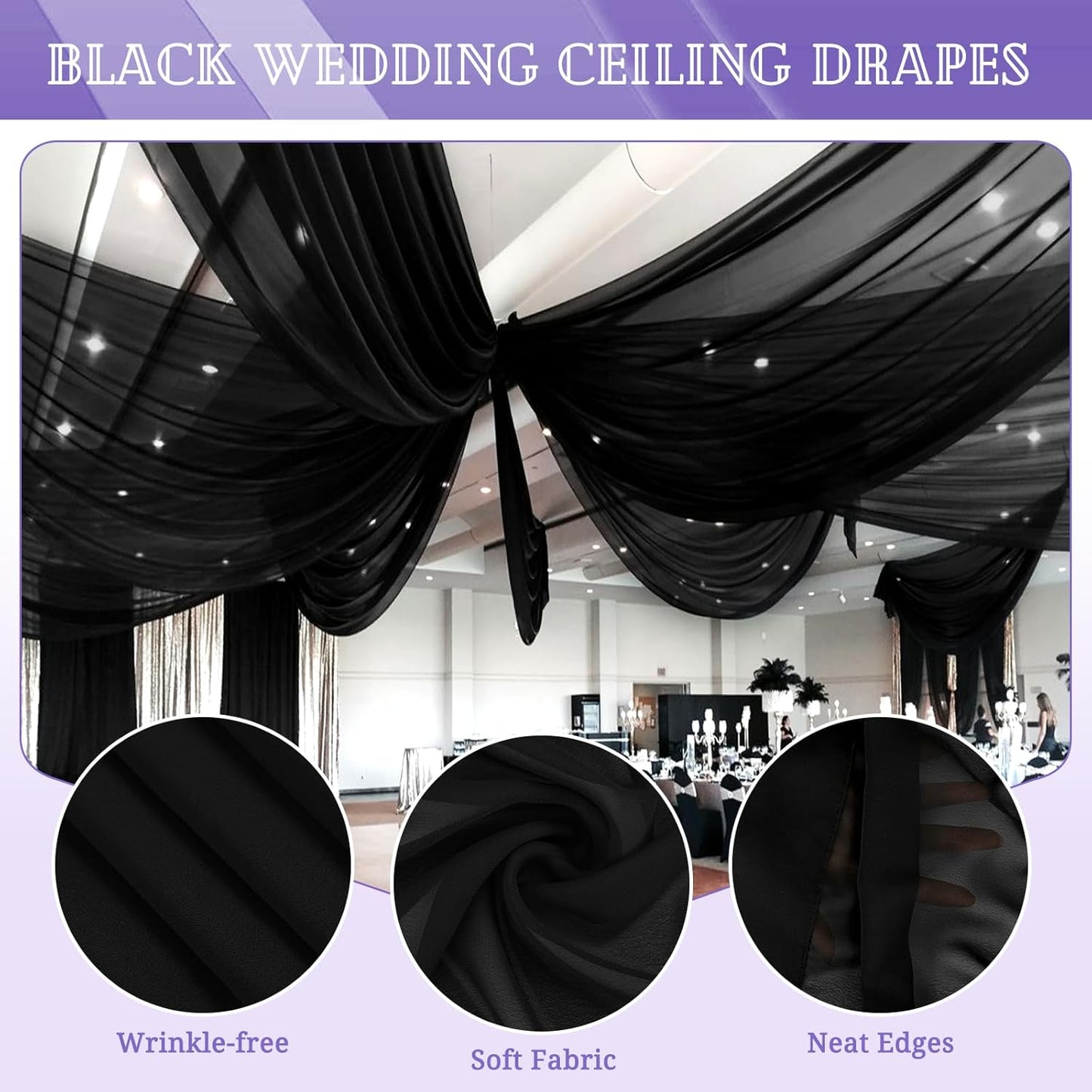6 Panels Black Ceiling Drapes for Wedding 5ftx20ft Chiffon Fabric Arch Draping Curtains Sheer Drapery for Party Ceremony Birthday Baby Shower Reception Stage Swag Ceiling Decorations