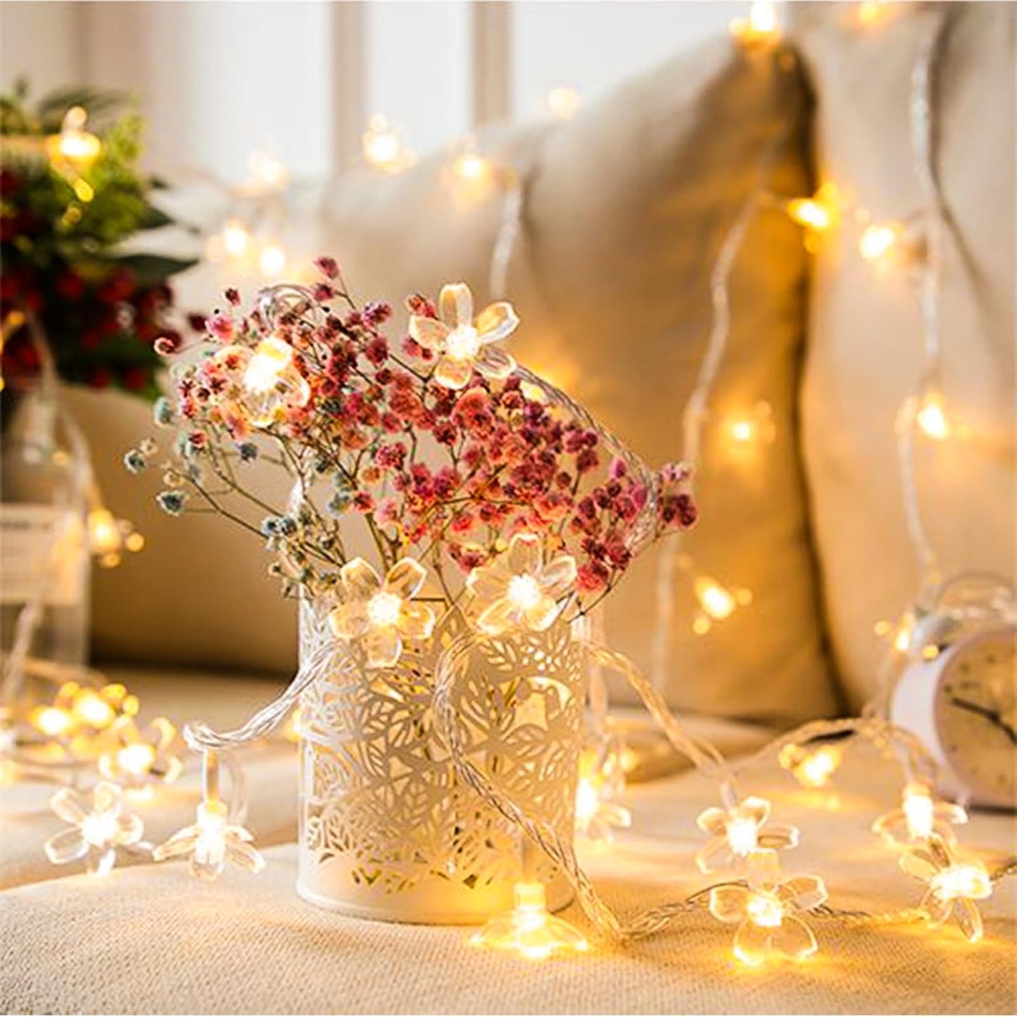Fairy Flower String Lights Indoor Decorations, 33ft 100 LED Plug in Warm White Decorative Cute Cherry Blossom Floral Lamp for Tree Branch Vine Hanging, Christmas Garden Bedroom Wall Decor