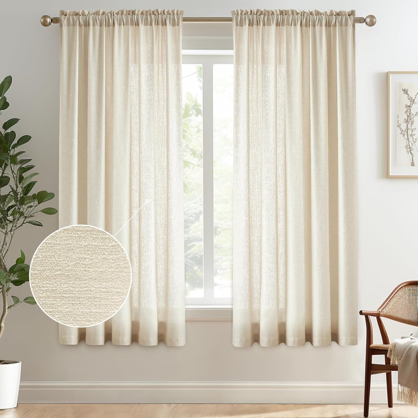 Melodieux Beige Semi Sheer Curtains 63 Inch Length for Bedroom Living Room, Farmhouse Linen Texture Light Filtering Home Office Shiny Sheer Drapes Rod Pocket, 52" W x 63" L, 2 Panels