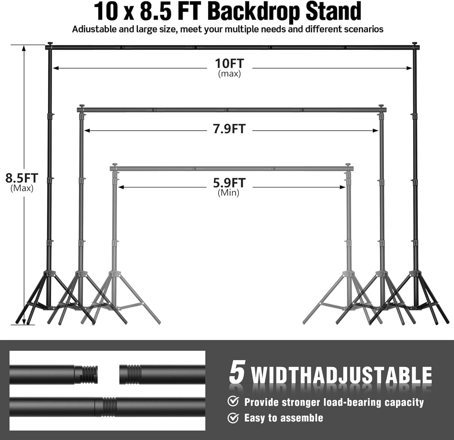 Backdrop Stand for Parties 10 x 8.5 FT, Heavy Duty Photography Backdrop Stand for Events, Video Shooting, Portable Photo Background Stand with Carry Bag, Sandbags, Spring Clamps