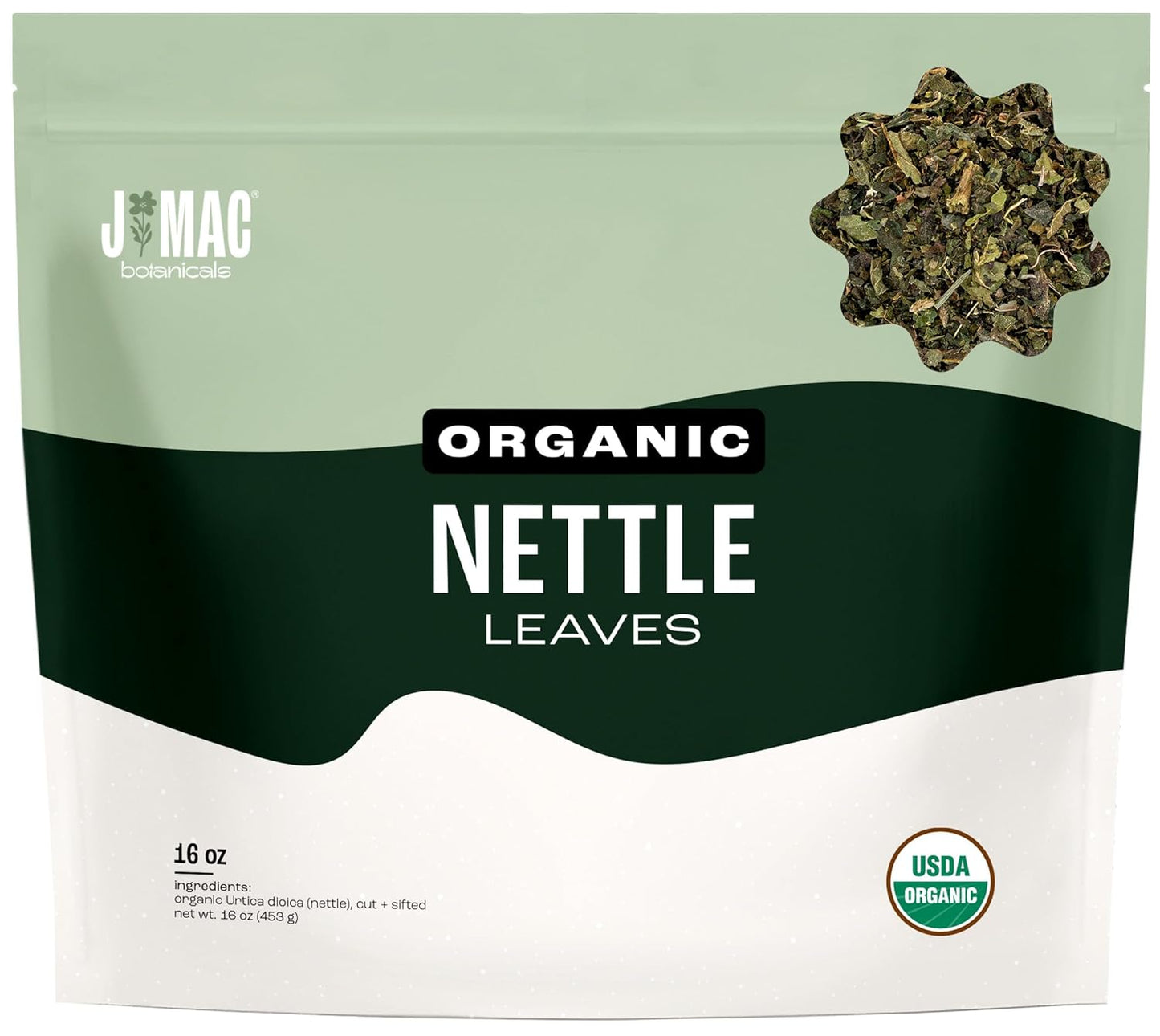 J MAC BOTANICALS Organic Nettle Leaf Herbal Tea - 16 oz (200+ Cups) Certified USDA Organic, Dried stinging nettle tea, 1 Pound Bulk Bag, Urtica dioica
