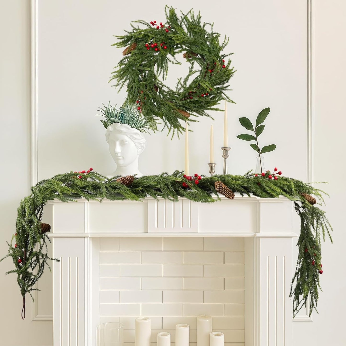 6FT Norfolk Pine Garland Christmas Artificial Greenery with Red Berries Cones, Pine Tree Decor for Mantel Fireplace Stair Rail Doorway Table, Indoor Outdoor Winter Christmas Decorations
