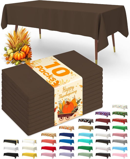 Pureegg Plastic Table Cloth Disposable 10 Pack, 54 x 108 Inch Table Cloths, Party, Thanksgiving Decorations, Harvest, Fall Tablecloths, Rectangle, Plastic Cover, Leakproof & Sturdy, Brown