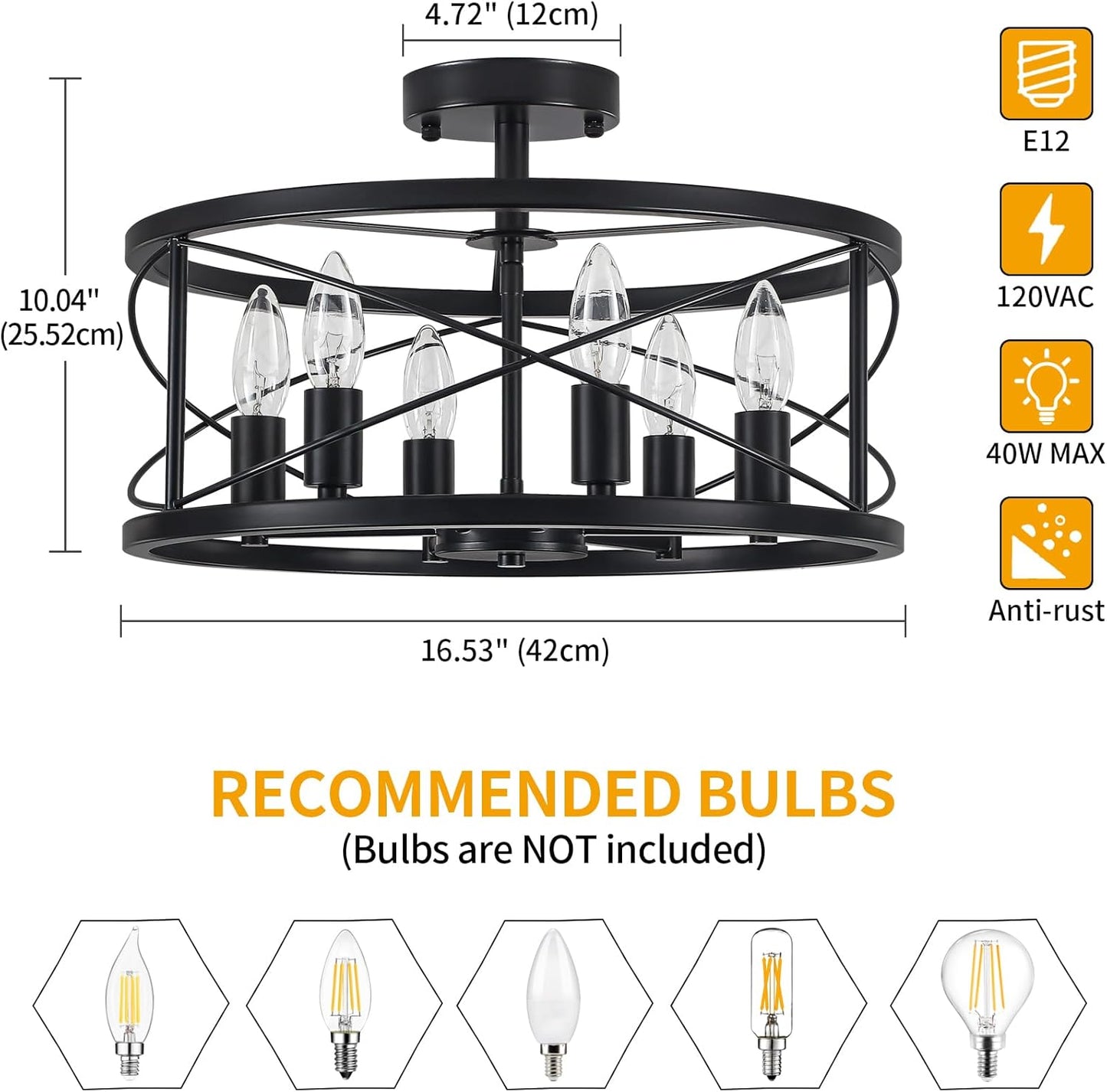 6-Light Black Semi Flush Mount Ceiling Light, 16.54'' Modern Farmhouse Close to Ceiling Light Fixtures, Ceiling Lamp for Hallway Entryway Kitchen Dining Room Living Room Bedroom Lights, UL Listed