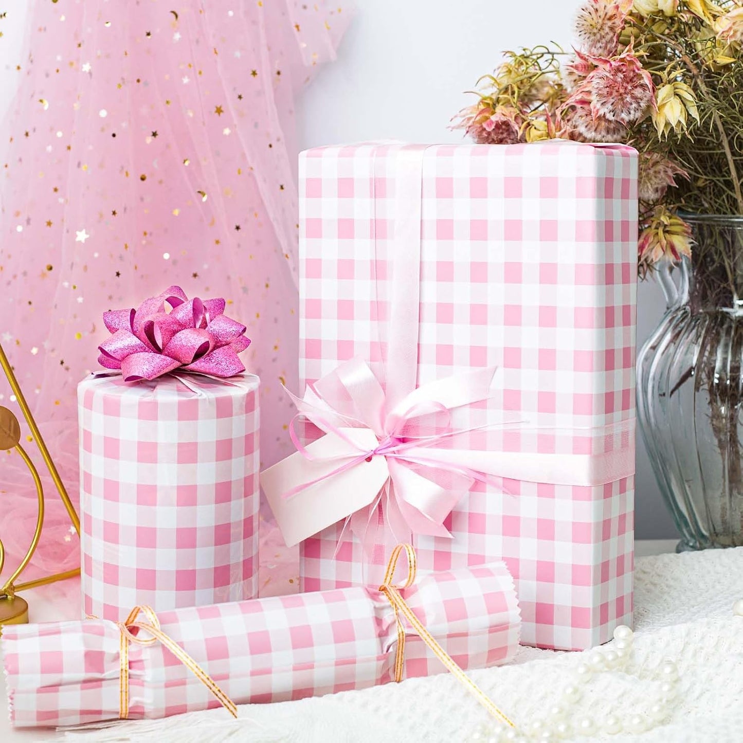 Burymento Pink Checkerboard Wrapping Paper, Gift Wrap for Birthday, Valentines, Mothers day, Graduation, Wedding, Fathers day, Baby Shower, Christmas (17in x 32.8ft)