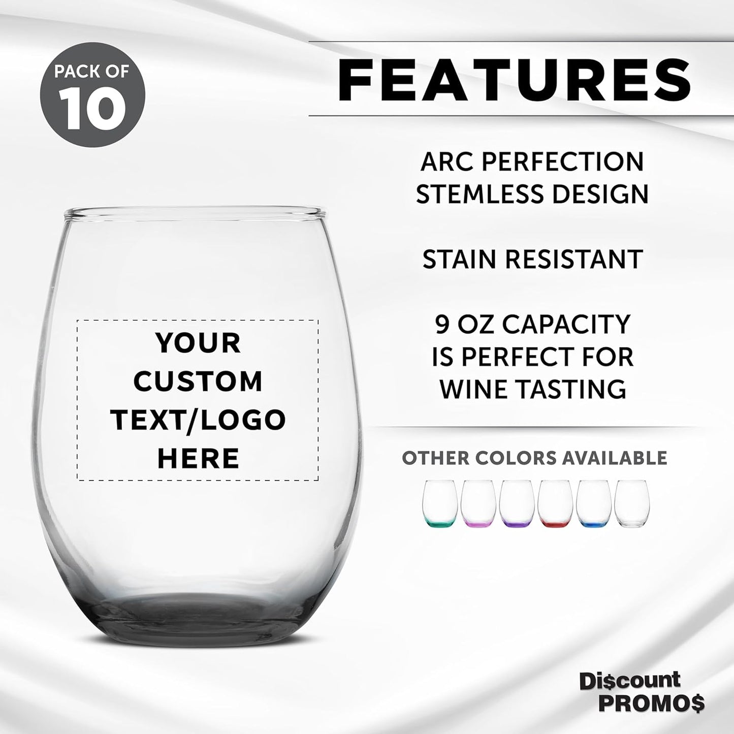 DISCOUNT PROMOS Custom Stemless Wine Glass 9 oz. Set of 10, Personalized Bulk Pack - Great for Wedding Favors, Bachelorette Party Decorations, Party Favors, Color Bottom - Black