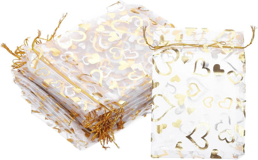 PATIKIL 100 Pcs 4x6 Inch Heart Printed Organza Bags, Gold Silver Sheer Heart Organza Bags with Drawstring for Christmas Candy Jewelry Party Wedding Favor Gift