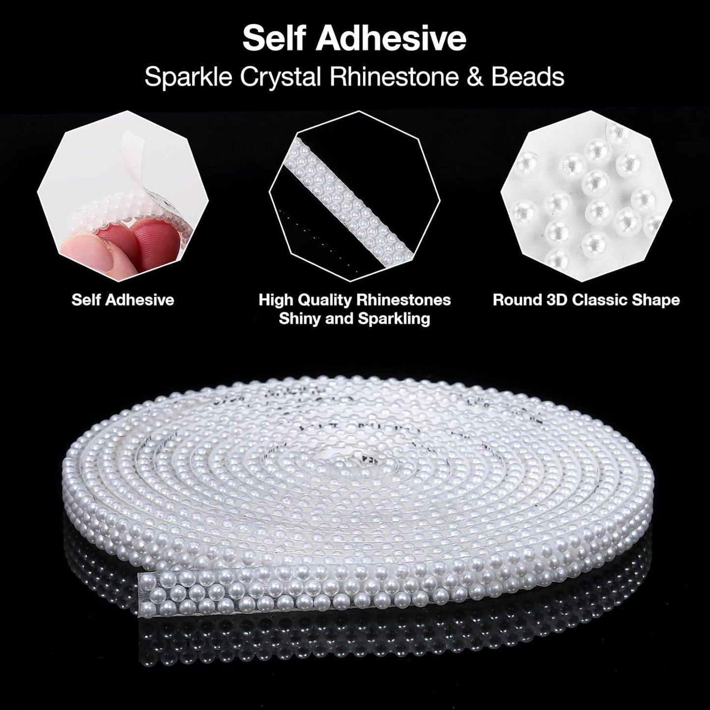 White Pearls Ribbon 3 Yards Self Adhesive Pearls Strips Diamond Ribbon Sticker Crystal Roll Glitter Bling Rhinestones Tape for Crafting DIY Art Decoration (0.4 Inch)