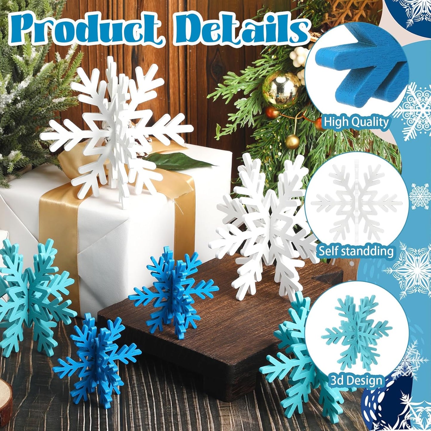 Bucherry 12 Pcs Wooden Snowflake Table Decor 3D Snowflake Tabletop Signs and Centerpiece for Christmas Xmas Winter Wonderland Decorations Home Party(White, Dark Blue, Light Blue)
