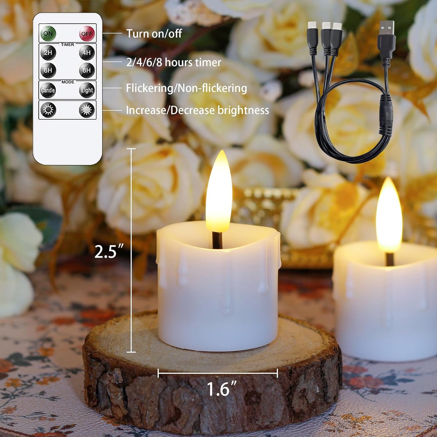 Rechargeable Flameless 1.6" x2.5" Tea Light Candles with Remote & Type-C Charging Cable, Timer LED Flickering White Plastic 6pcs Mini Dripping Wax Votive Tealight Candles