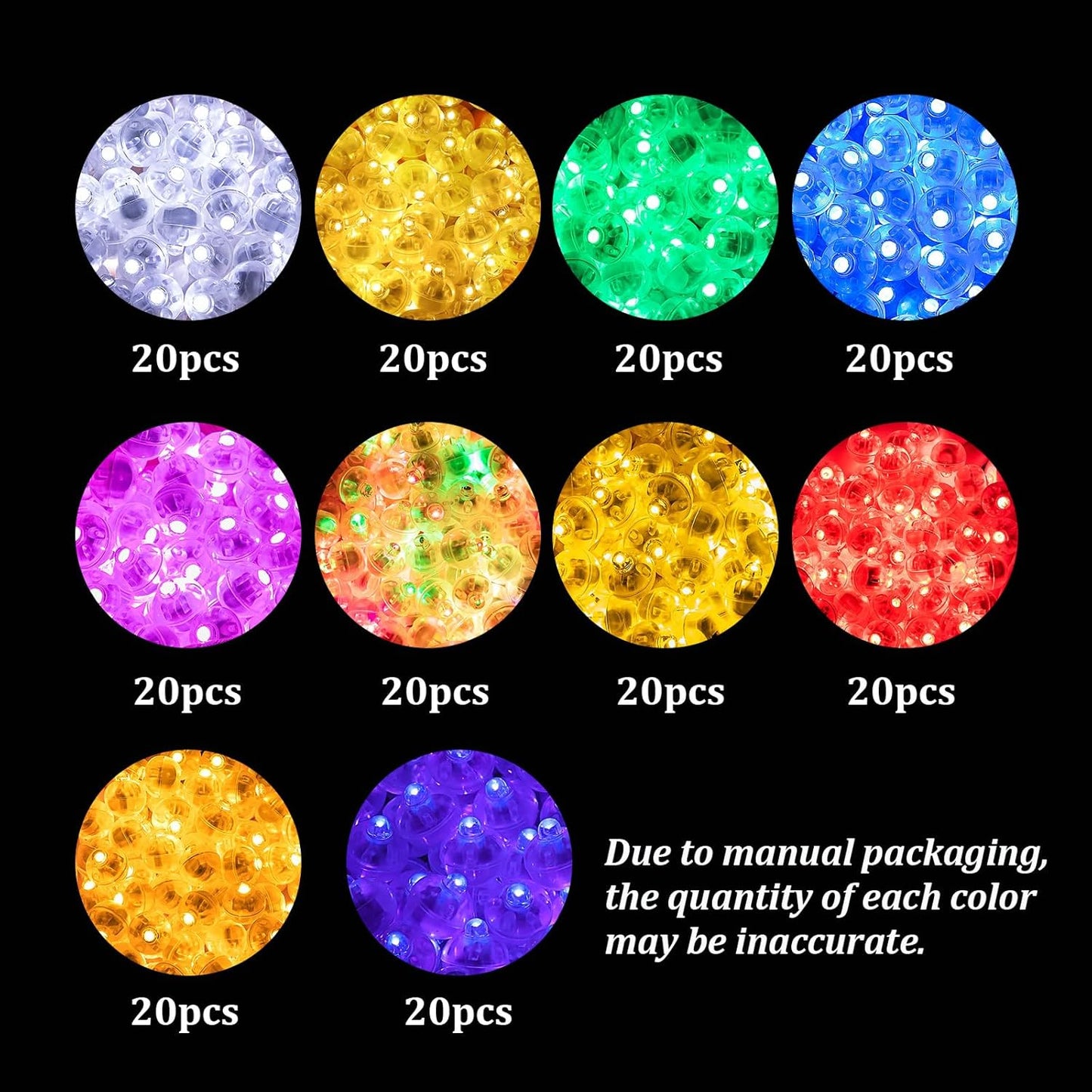 200pcs 10 Colors Balloon Lights, LED Assorted Colors Flash Lights, Mini Ball Light Round LED Ball Lamp for Paper Lantern Balloon Birthday Party Wedding Halloween Christmas Decoration