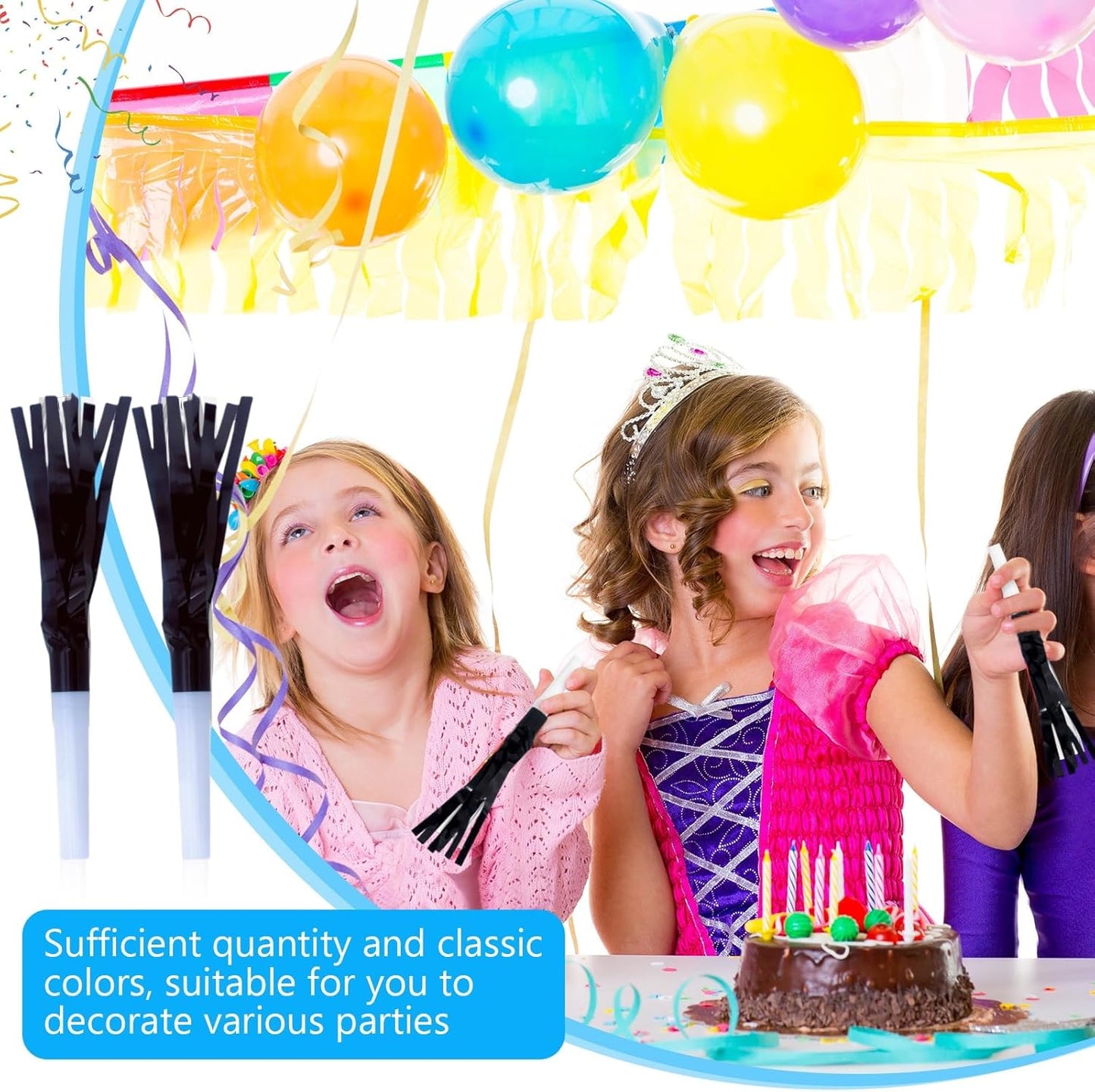 Party Blowers Metallic Fringed Noise Makers, 48 Pcs, Black, for Baby Shower, Kids Birthday, New Year Party