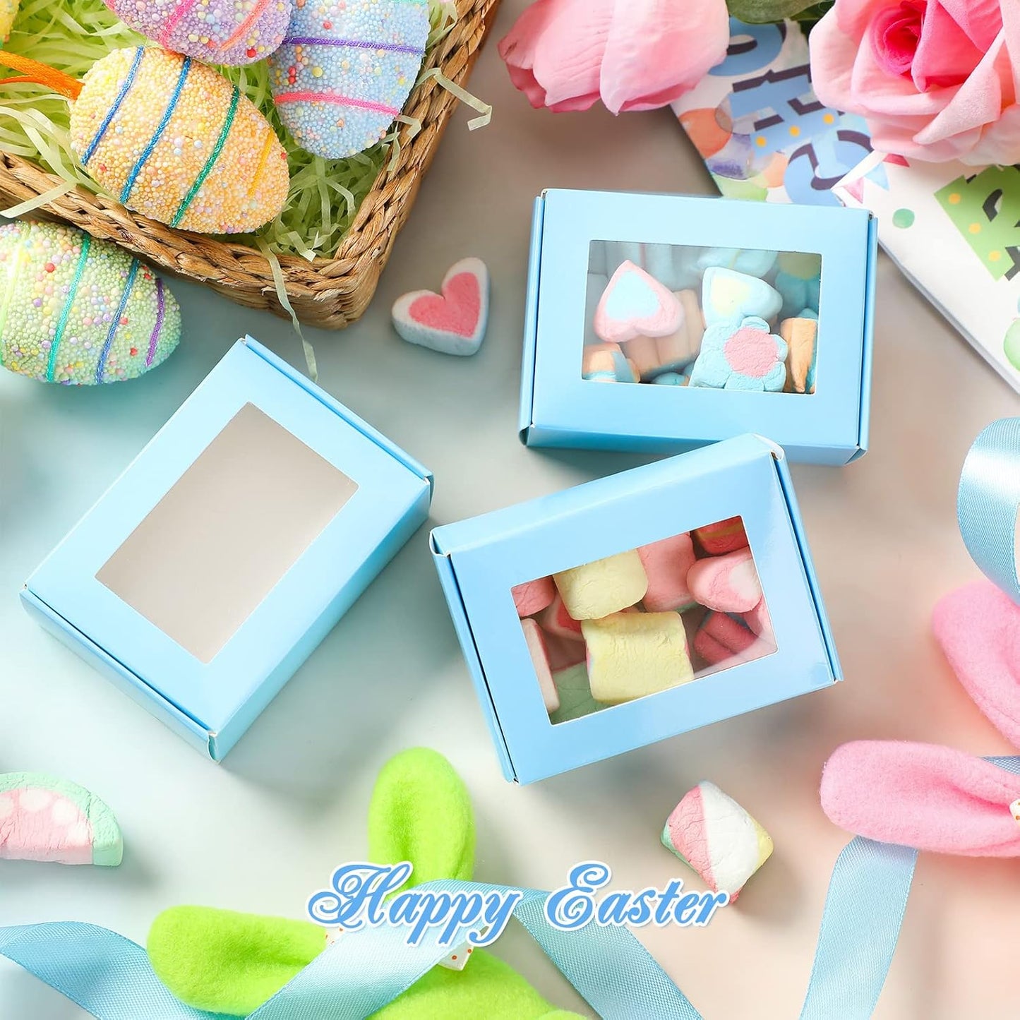 Zonon 30 Pcs Soap Boxes for Homemade Packaging, Mini Kraft Treat Boxes with Window for Bakery Candy Soap Making Gift Packaging(3.5 x 2.4 x 1.2 Inch,Blue)