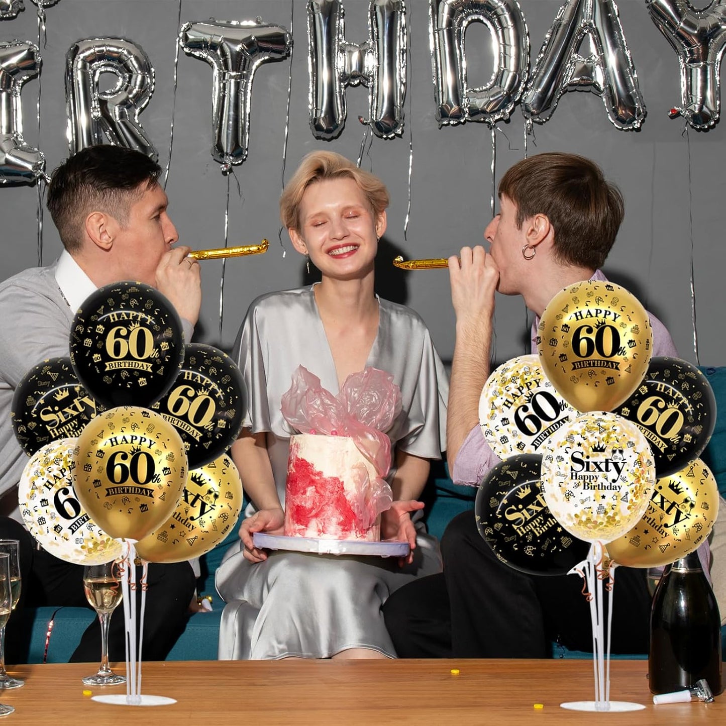 TONIFUL 4 Set Black Gold Balloon Stand Kit for Birthday Decorations for 60th,Balloon Centerpieces for Table Party Decorations Cheers to 60 Years Old Birthday for Men and Women