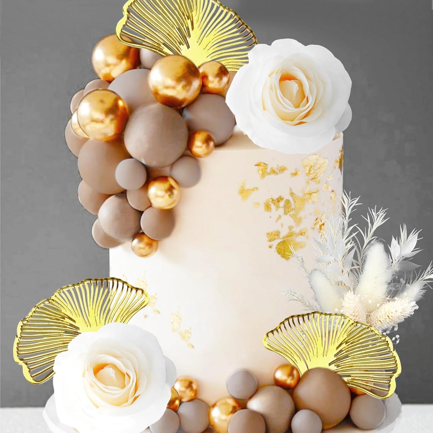 JeVenis Boho Champagne Cake Decoration Gold Balls Cake Decoration Palm Leaves Cake Topper Bohemian White Gold Ball for Wedding Birthday Birthday Anniversary