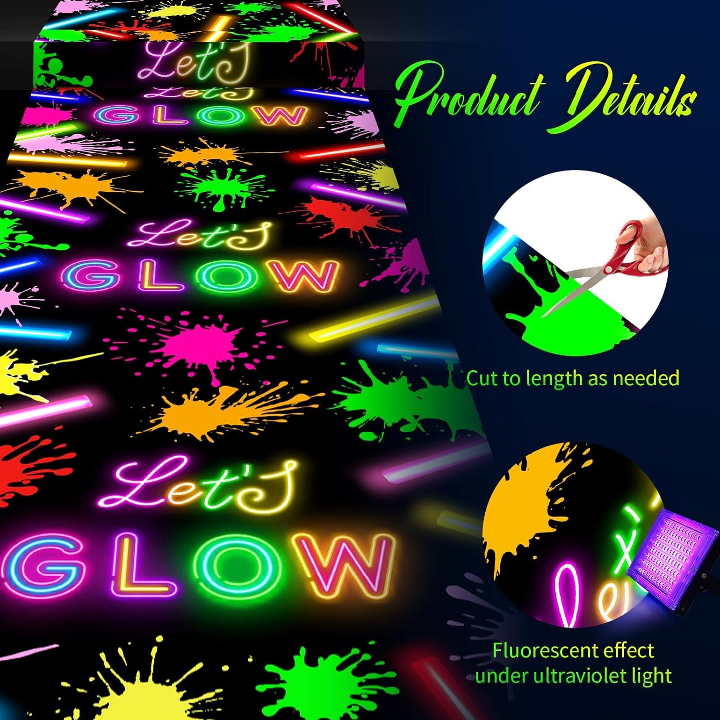 Haull 118 x 39 Inch Neon Light up Dance Floor Glow in The Dark Runner UV Reactive Blacklight Floor Aisle Runner Decor Wall Props for 80s 90s Neon Birthday Party Decorations(Let's Glow)