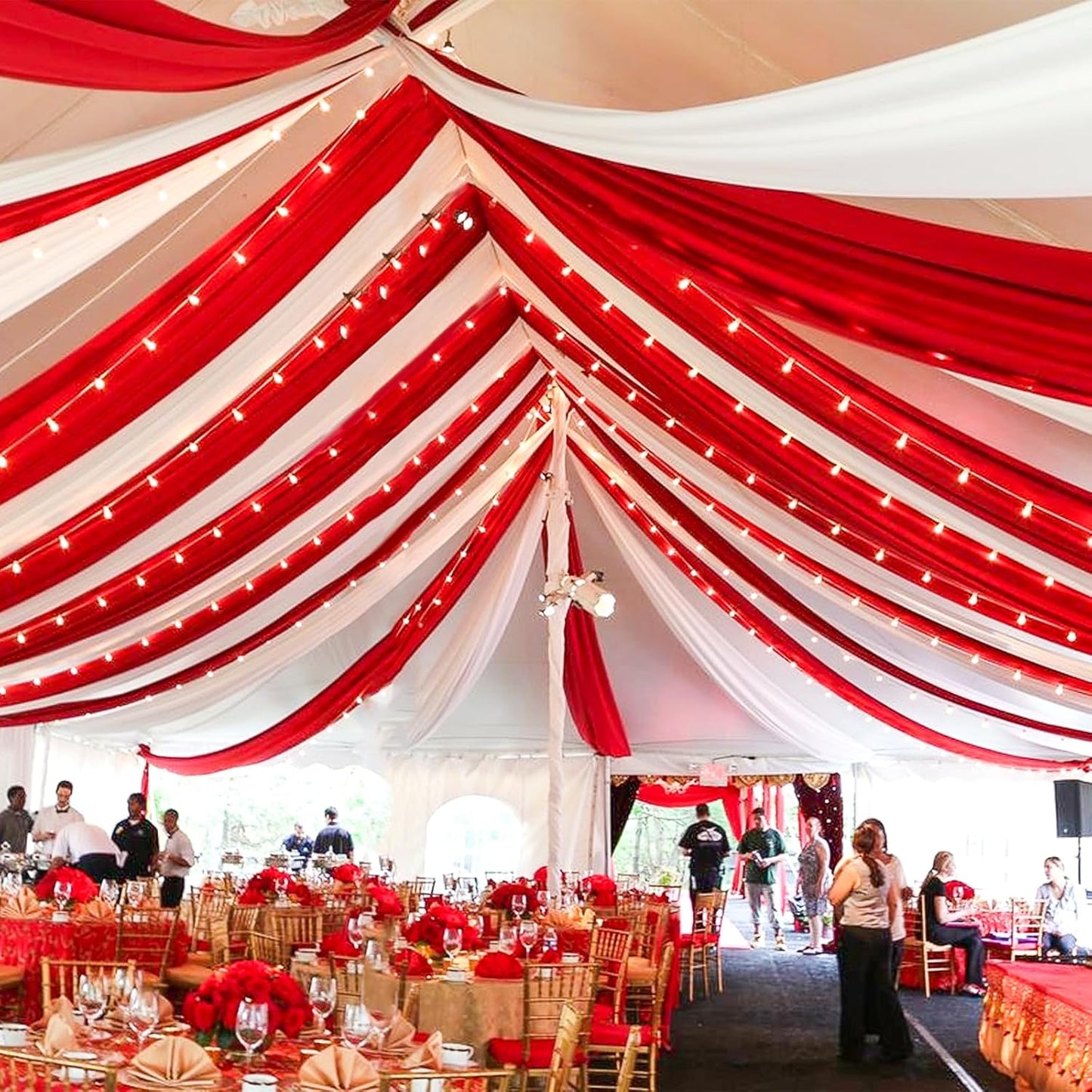 6 Panels Red Ceiling Drapes for Wedding 5ftx30ft Chiffon Fabric Arch Draping Curtains Sheer Drapery for Party Ceremony Birthday Baby Shower Reception Stage Swag Ceiling Decorations