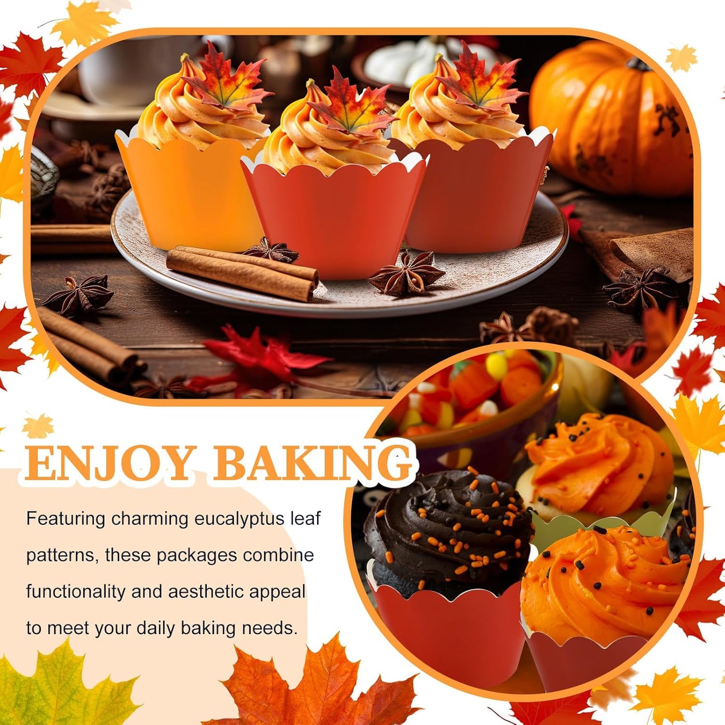 Domensi 100 Pcs Fall Cupcake Wrappers Rustic Cupcake Liners Thanksgiving Baking Cups Baking Liners for Autumn Thanksgiving Wedding Bridal Baby Shower Birthday Party Supplies Dessert Decoration